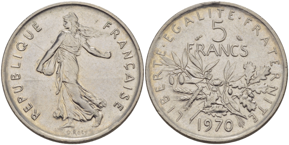Франция 5 франков 1970 сеятель, тип Semeuse KM 926a.1, Le Franc 341.2 медно-никель плакированный никелем 32-1215