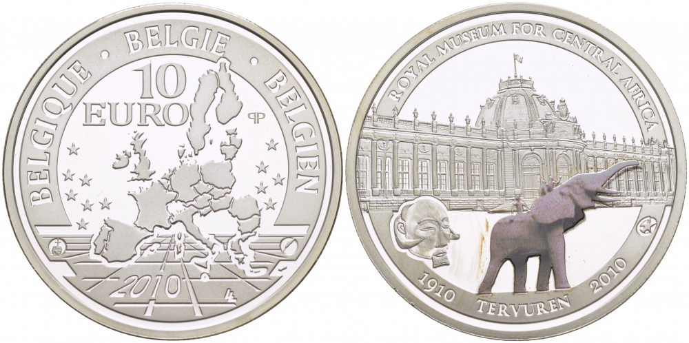 Бельгия 10 евро 2010 100 лет королевскому музею Африки, слон, эмаль KM 291 серебро PROOF 01-166-14