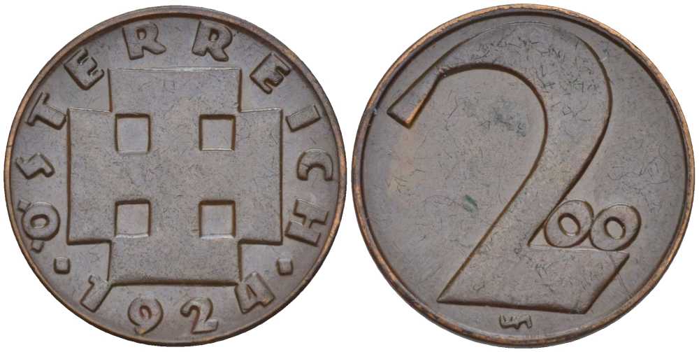 Австрия 200 крон 1924 Республика, денежная реформа KM 2833 бронза  201-167