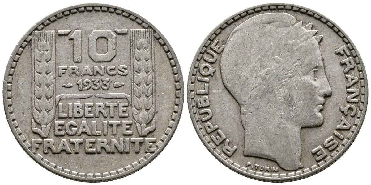 Франция 10 франков 1933 Пьер Тюрен KM 878, Le Franc 360.6 серебро 61-636