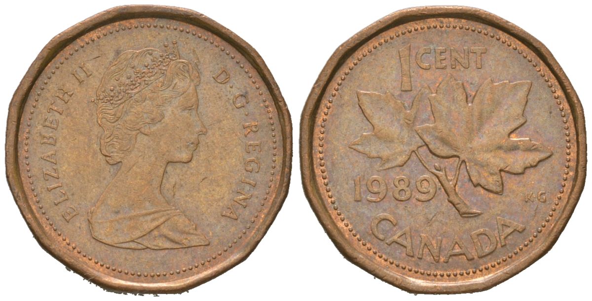 Канада 1 цент 1989 Елизавета II (1952-2022), кленовый лист KM 132 бронза 4618-445