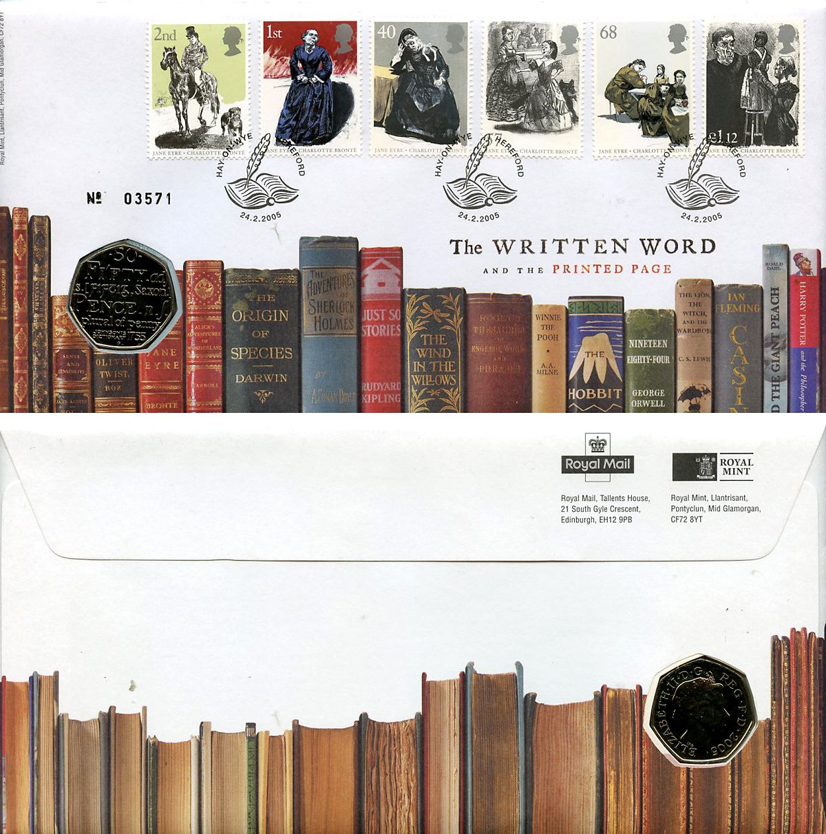Великобритания 50 пенсов 2005 250 лет со дня опубликования Словаря Английского языка Сэмюэла Джонсона, в оригинальном конверте, с марками, первый день гашения KM 1050, Spink H14 медно-никель BU 4-3-8-02