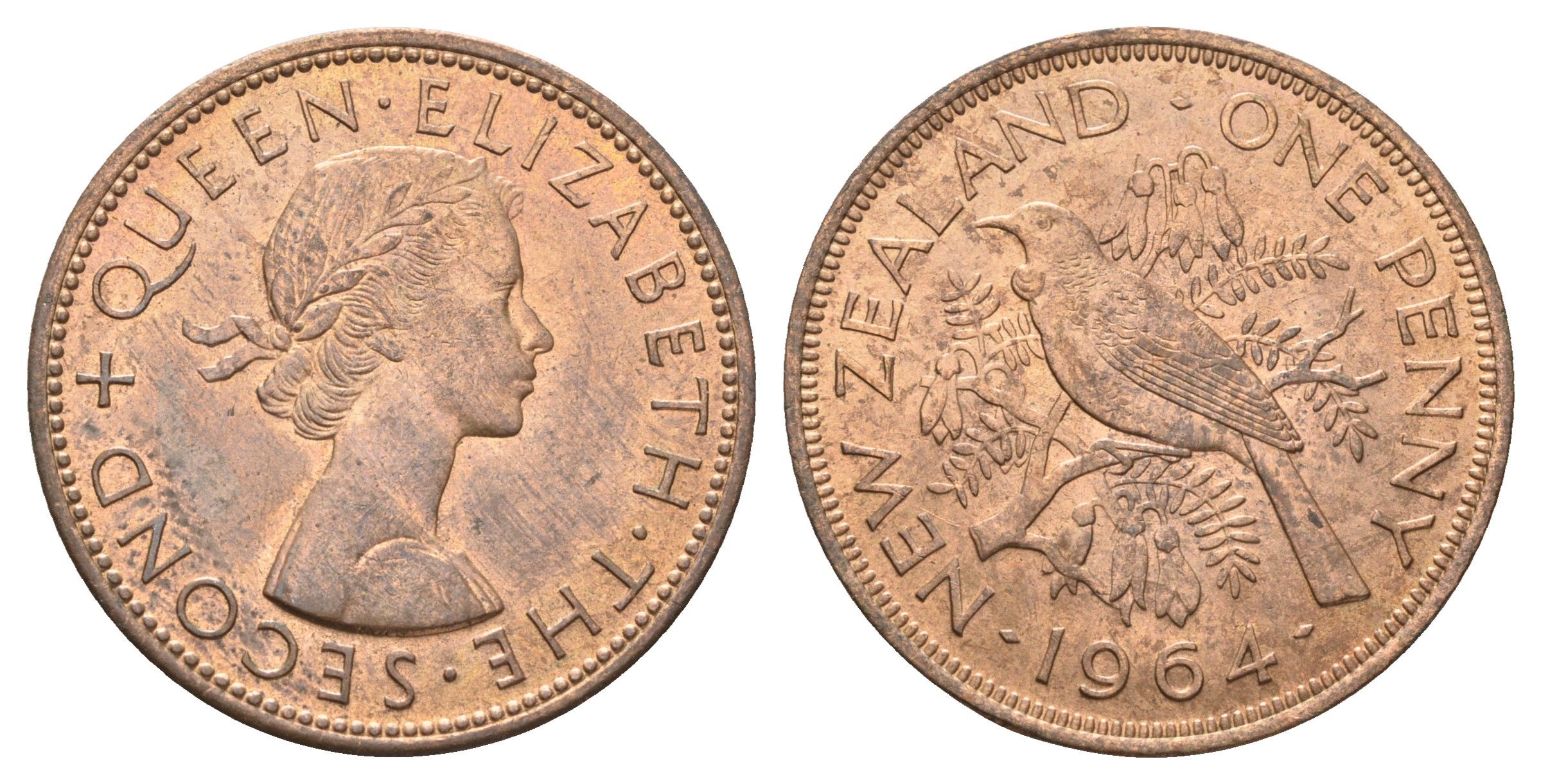 Новая Зеландия 1 пенни 1964 Елизавета II (1952-2022), новозеландский туи KM 24.2 бронза aUNC 4587-1241