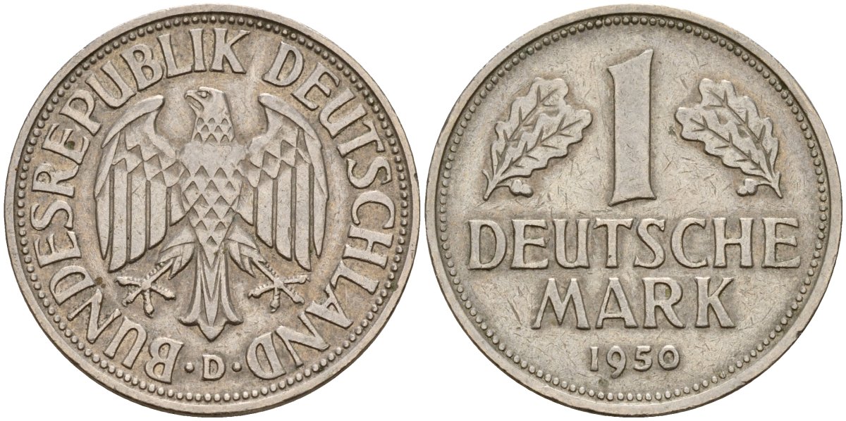 ФРГ 1 марка 1950 D KM 110, J. 385 медно-никель 4159-1024