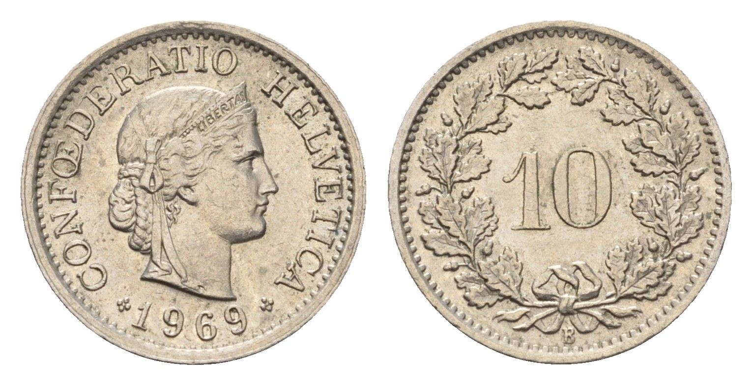 Швейцария 10 раппенов 1969 KM 27 медно-никель 4685-254