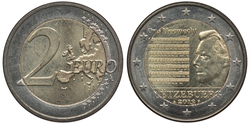 Люксембург 2 евро 2013 национальный гимн KM 125 биметалл 00-00