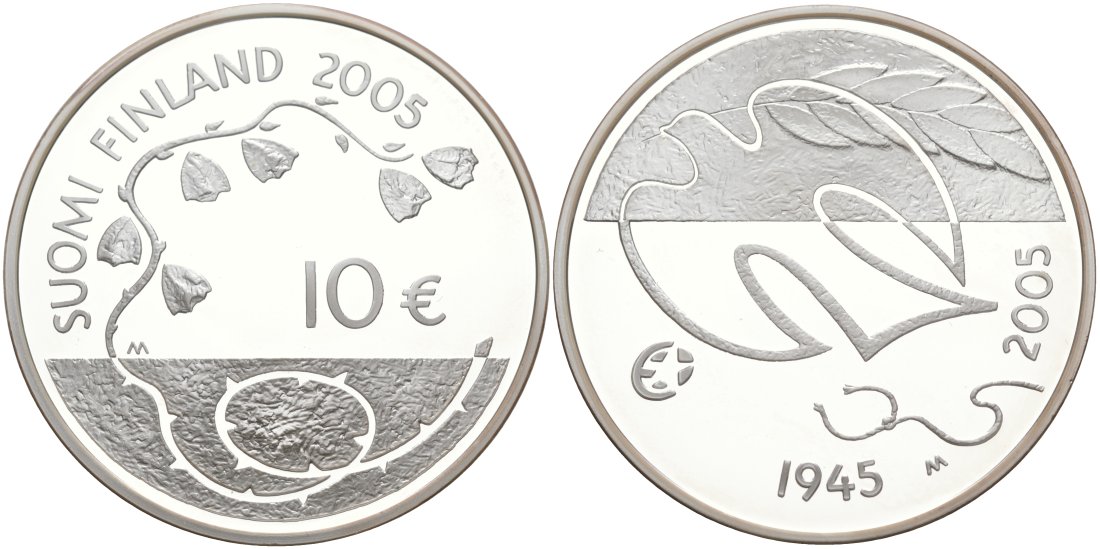 Финляндия 10 евро 2005 60 лет мира в Европе, голубь мира KM 120 серебро PROOF 11-345-44