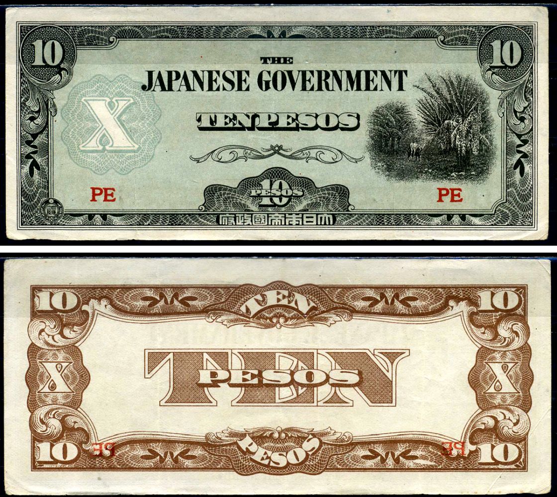 Филиппины 10 песо 1942 японская окупация Pick 108 бумага 6279-41-2-2