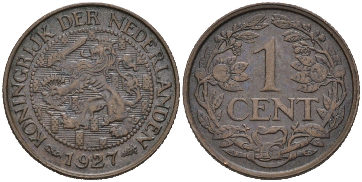 Нидерланды 1 цент 1927 Вильгельмина (1890-1948) KM 152 бронза 4576-737
