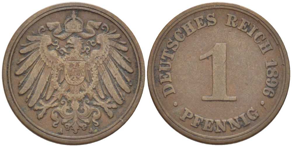 ГЕРМАНИЯ 1 ПФЕННИГ 1896 A KM 10, J. 10, Weege 2 медь 211-215