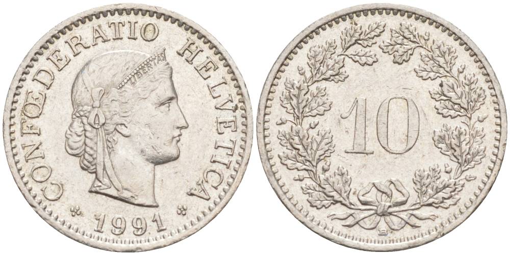 ШВЕЙЦАРИЯ 10 РАППЕНОВ 1991 В KM 27 медно-никель 55-534