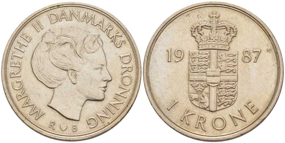 ДАНИЯ 1 КРОНА 1987 R;B, МАРГРЕТЕ II (1972-) KM 862.3 медно-никель 202-833