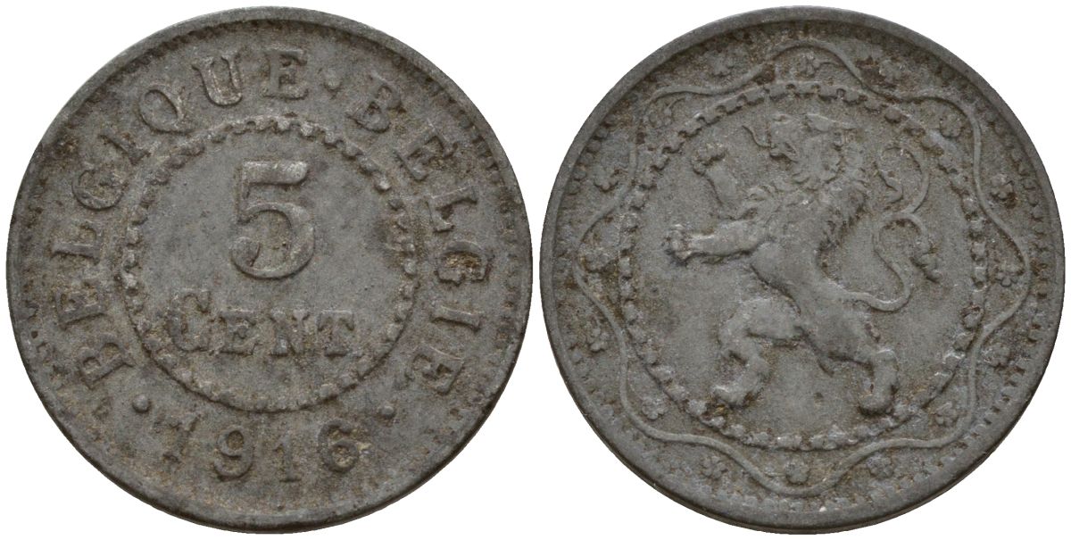 Бельгия 5 сантимов 1916 германская оккупация первая мировая война KM 80 цинк 4152-417