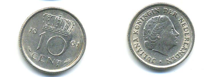 НИДЕРЛАНДЫ 10 ЦЕНТОВ 1961 ЮЛИАНА KM 182 никель 83-962