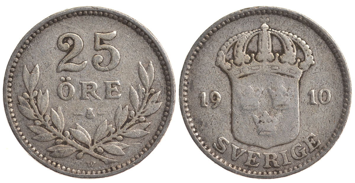 Швеция 25 эре 1910 W, Густав V (1907-1950) KM 785 серебро 4179-832