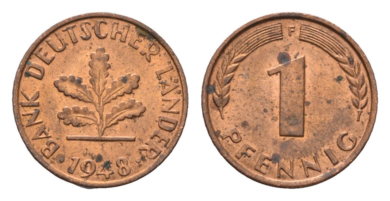 ФРГ 1 пфенниг 1948 F KM A101, J. 376 сталь плакированная медью aUNC 211-956