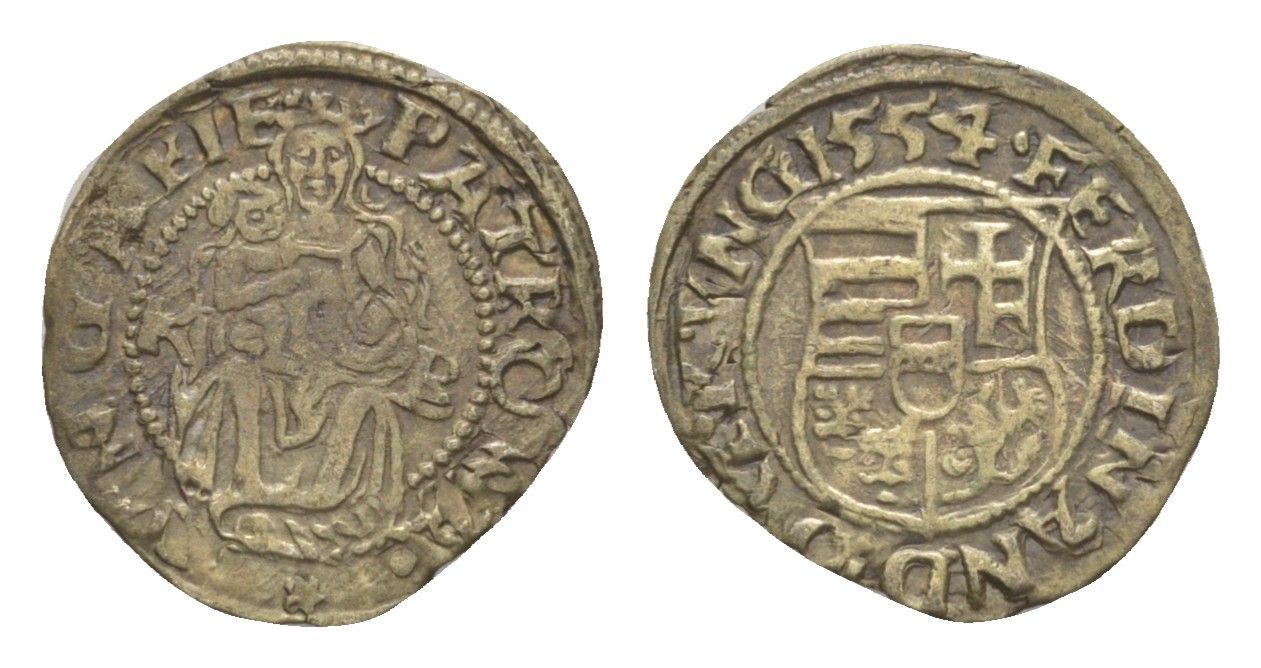 Венгрия 1 денар 1554 KB, Фердинанд I (1526-1564), мадонна с младенцем серебро EH 745a серебро 66-762