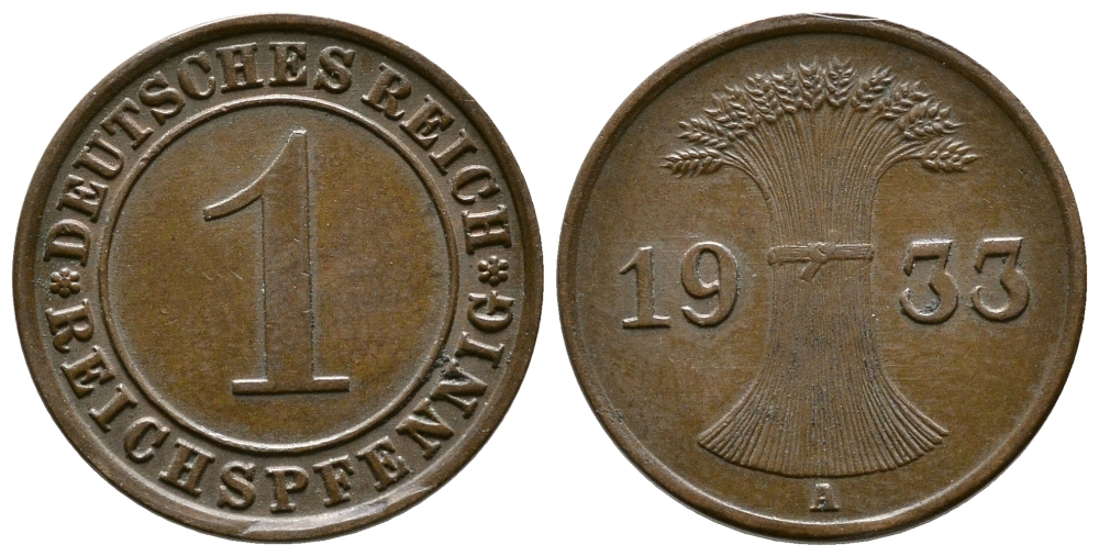 ГЕРМАНИЯ 1 РЕЙХСПФЕННИГ 1933 A KM 37, J. 313 бронза 4380-1229