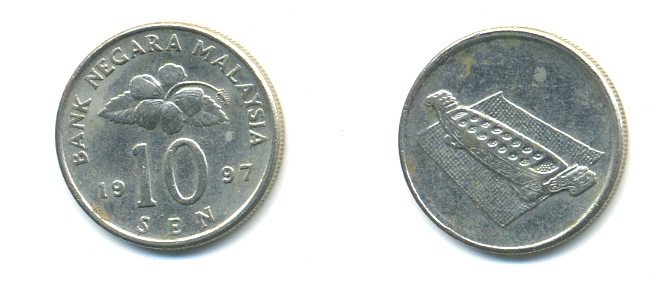 Малайзия 10 сенов 1997 цветок KM 51 медно-никель 176-765
