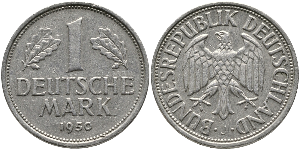 ФРГ 1 марка 1950 J, KM 110, J. 385 медно-никель 65-1215