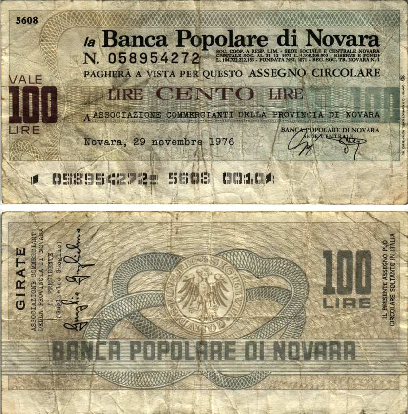 Италия 100 лир 1976 29 ноября 1976, La Banca popoLare Di Novara бумага 7221-68-3-2
