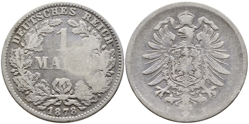 Германия 1 марка 1878 F Weege 17, J. 9, KM 7 серебро 176-212