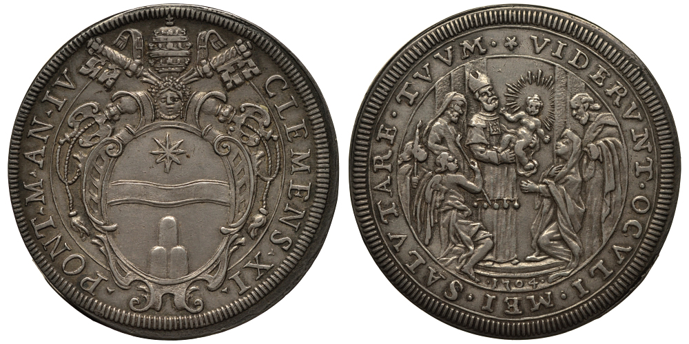 Ватикан 1 пиастр 1704 Климент XI. Принос Иисуса младенца в храм Dav. 1432, Muntoni 43 серебро 00-000-00