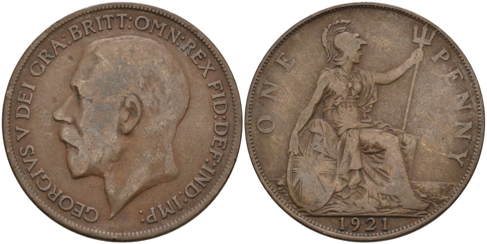 Великобритания 1 пенни 1921 Георг V (1910-1936) KM 810, Spink 4051 бронза 97-442