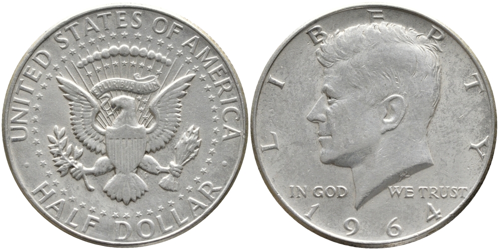 США 1/2 доллара (50 центов) 1964 Джон Кеннеди KM 202 серебро 272-343