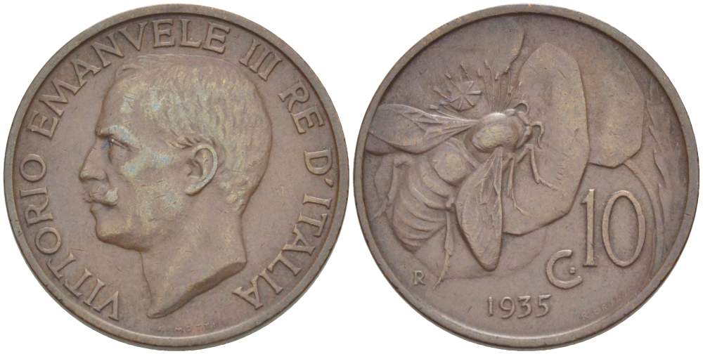 ИТАЛИЯ 10 ЧЕНТЕЗИМО 1935 R, МОНДВОР РИМ, ВИКТОР ЭММАНУИЛ III (1900-1946) KM 60 медь 4525-326