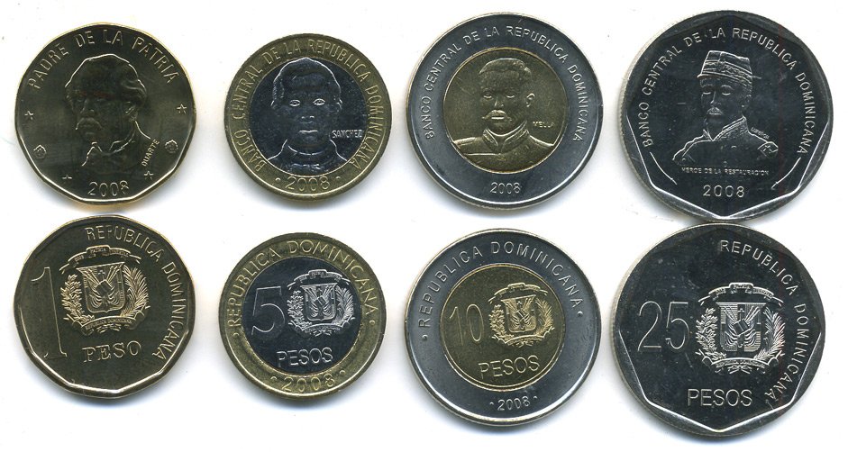 Доминиканская Республика лот из 4 монет 2008 1, 5, 10, 25 песо, две монеты биметалл UNC M77-03