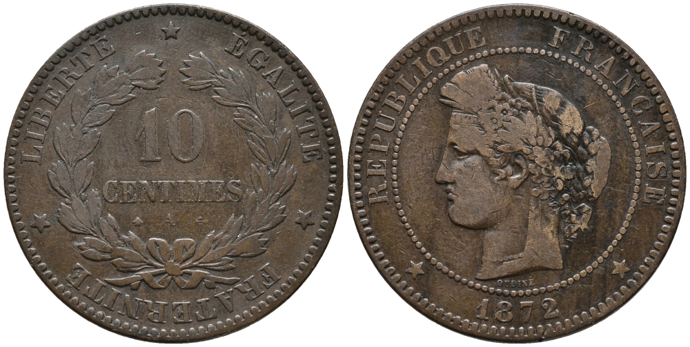 ФРАНЦИЯ 10 САНТИМОВ 1872 A, ТРЕТЬЯ РЕСПУБЛИКА (1871-1940) KM 815.1, LA FRANC 135.8 бронза 32-1014
