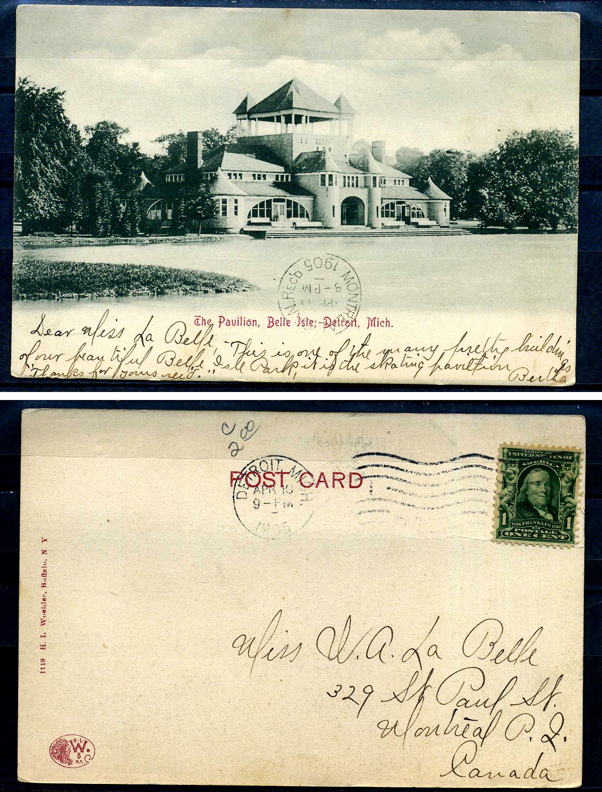 США post card - открытка 1905 павильон в Белль-Айл, Детройт, Мичиган, с маркой в 1 цент 2193-91
