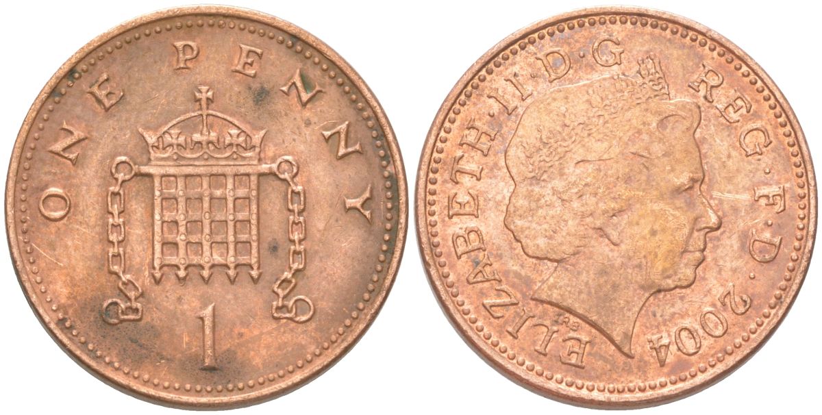 Великобритания 1 пенни 2004 Елизавета II (1952-2022) KM 986, Spink 4710 (B5) сталь плакированная медью 4613-268