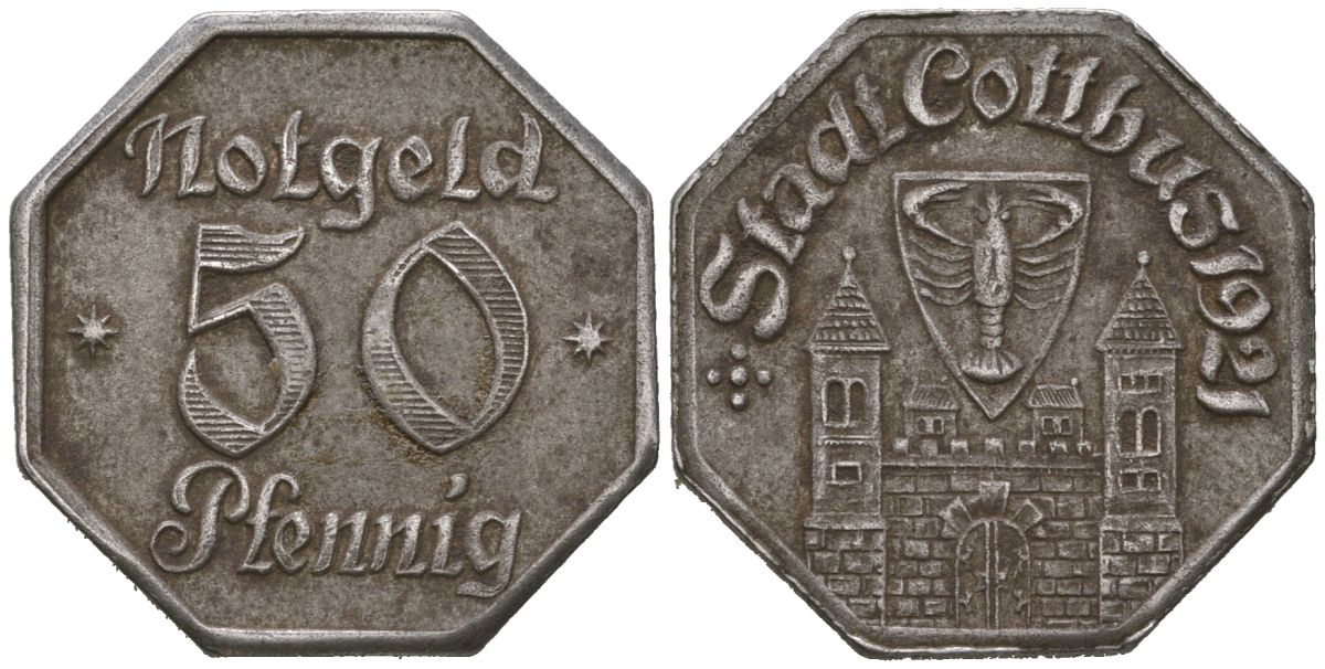 Котбус (Пруссия, Бранденбург) 50 пфеннингов 1921 Funck 82.3, Men05 4655.3, Men18 5864.3 железо 1515-112