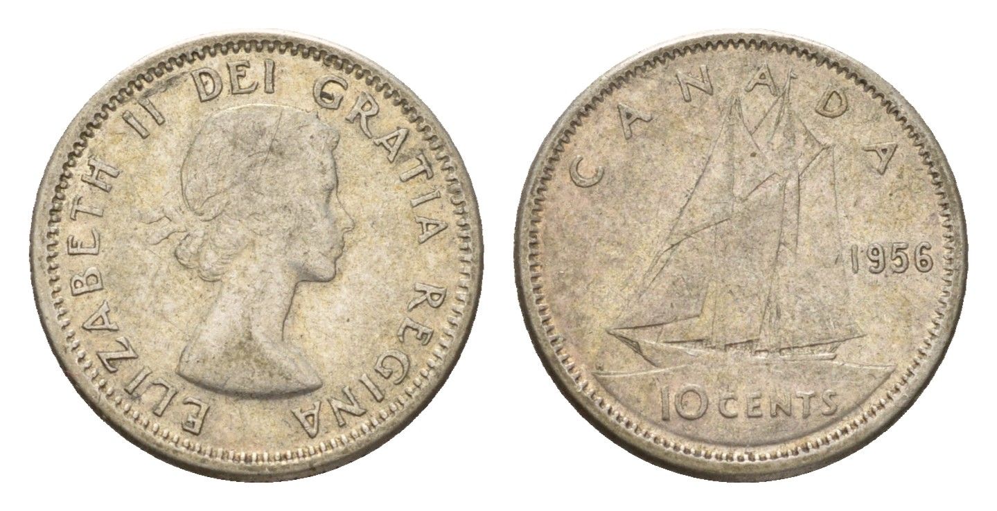 Канада 10 ценнтов 1956 Елизавета II (1952-2022), парусник KM 51 серебро 4674-1232