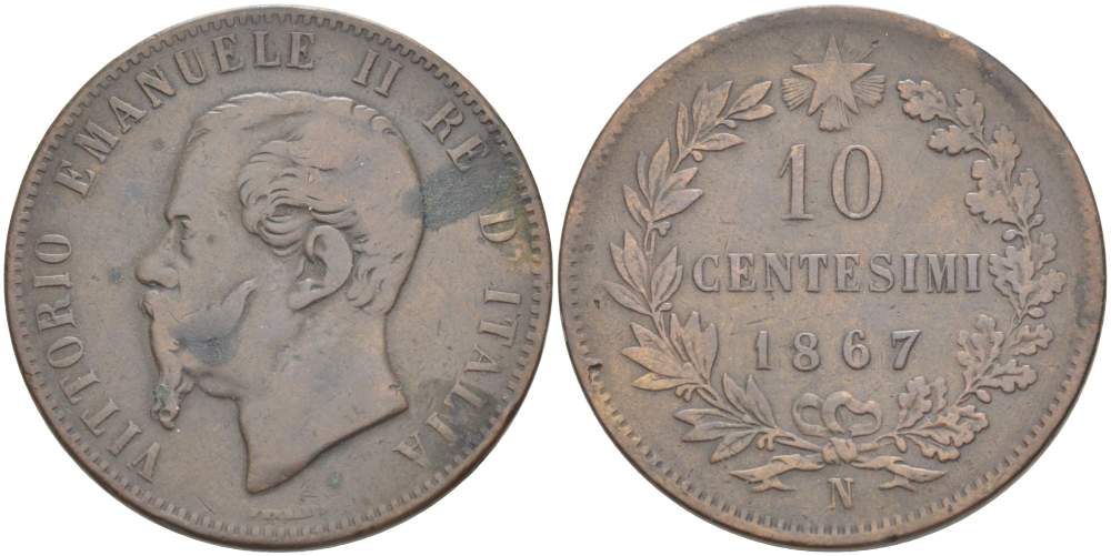 Италия 10 чентезимо 1867 N, Виктор Эммануил II (1861-1878) KM 11.4 медь 4526-846