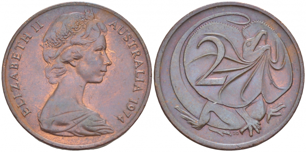 АВСТРАЛИЯ 2 ЦЕНТА 1974 ЕЛИЗАВЕТА II (1953-), ЕЛИЗАВЕТА II, МОЛОДОЙ ПОРТРЕТ, ПЛАЩЕНОСНАЯ ЯЩЕРИЦА (FRILLED LIZARD) KM 63 бронза 4519-443