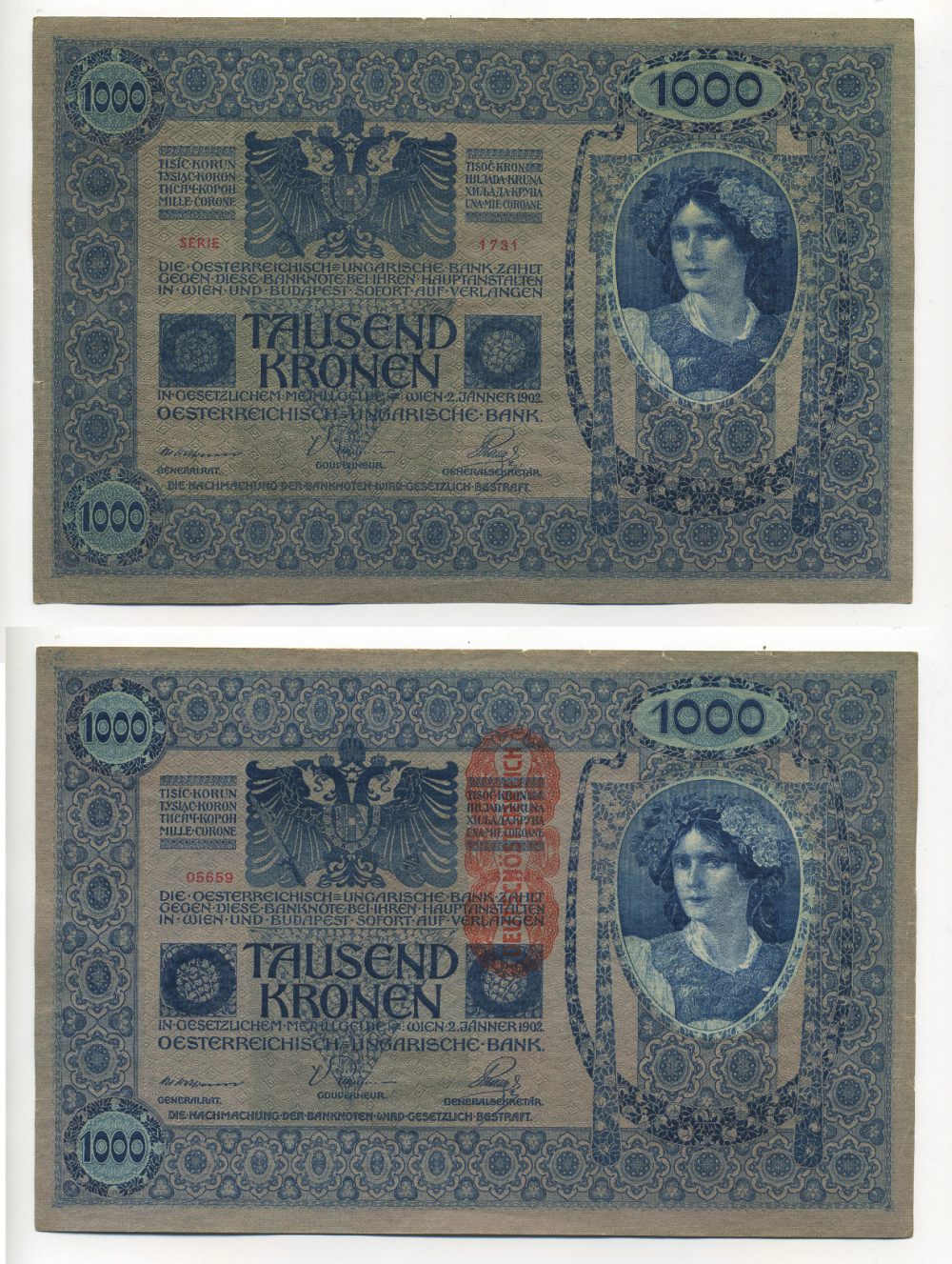 АВСТРИЯ 1000 КРОН 1919 КРАСНАЯ ВЕРТИКАЛЬНАЯ НАДПЕЧАТКА НА 1902 Pick 59 бумага 6280-51-1