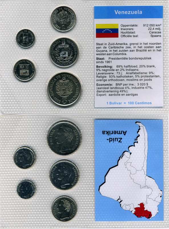 ВЕНЕСУЭЛА НАБОР ИЗ 5 МОНЕТ 1989-1990 25, 50 СЕНТИМО, 1, 2, 5 БОЛИВАРОВ, В ЦЕЛЛОФАНОВОЙ ЗАПАЙКЕ KM UNC 5-6-3-65