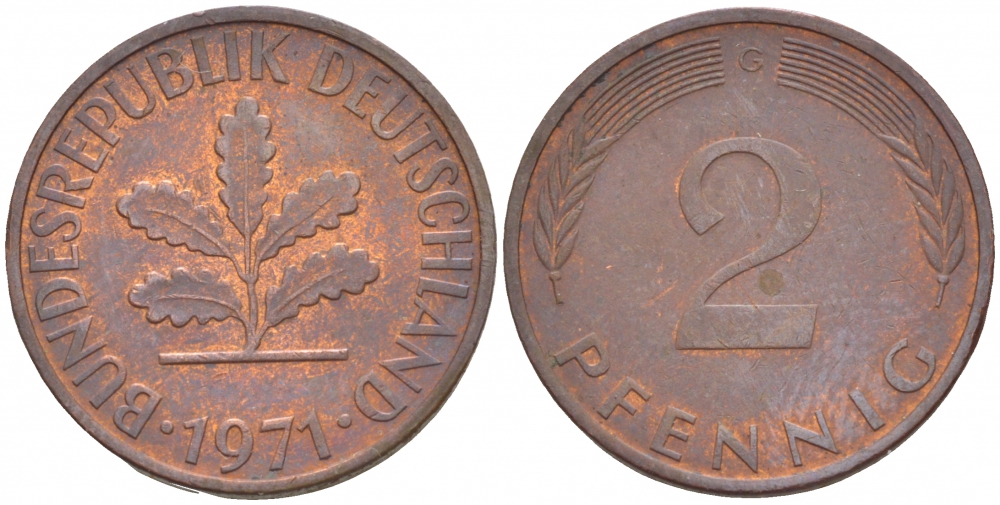 ФРГ 2 ПФЕННИГА 1971 G KM 106a, J.381a сталь плакированная сталь плакированная медьюю 4547-1155