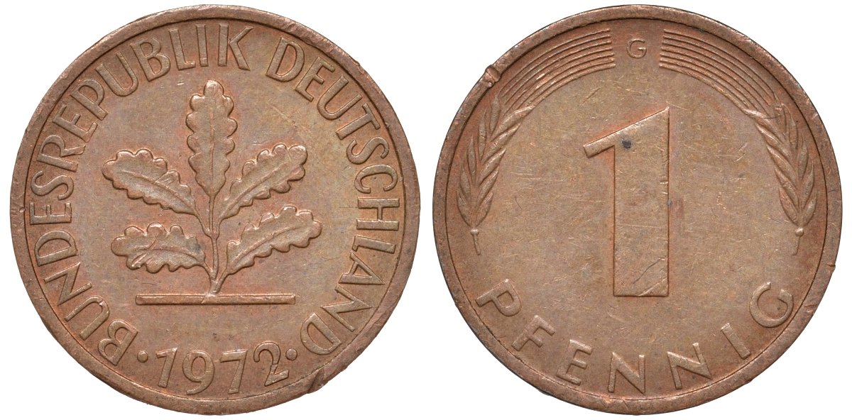 ФРГ 1 пфенниг 1972 G KM 105, J.380 сталь плакированная медью 4174-444