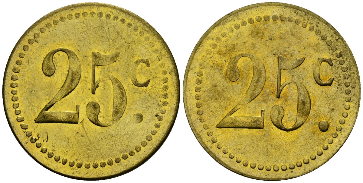 Франция 25†сантимов XIX-XX век ресторанный жетон латунь 4166-1125