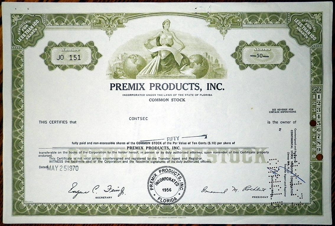 США, PREMIX PRODUCTS, INC. 50 акций 1970 бумага 8802-73-1