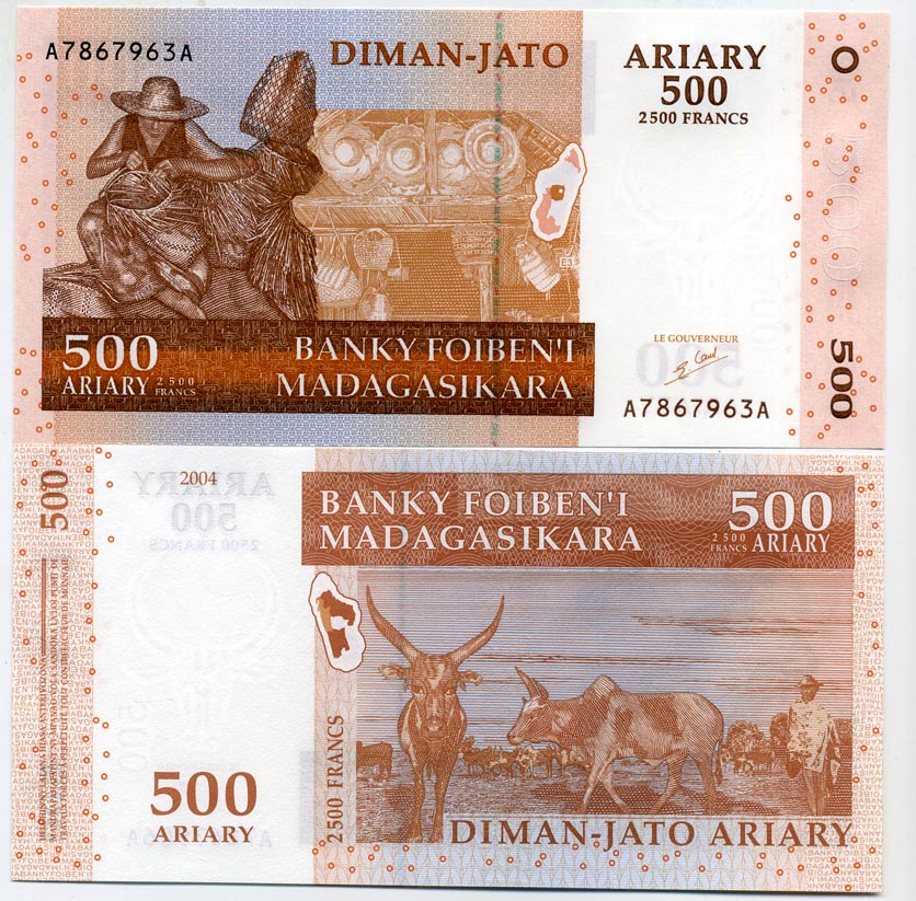 Мадагаскар 500 ариари (2500 франков) 2004, корзинщик, зебу подпись 5 Pick 88 а бумага UNC (пресс) 448-87-3