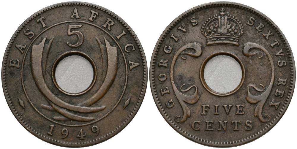 Британская Восточная Африка 5 центов 1949 Георг VI (1937-1952) KM 33 бронза 27-1047