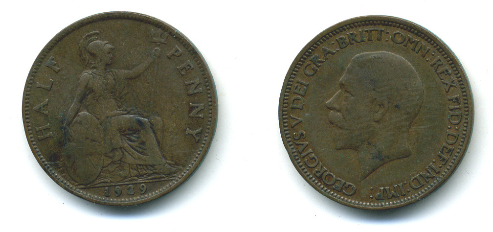 Великобритания 1/2 пенни 1929 Георг V (1910-1936) KM 837 Spink 4058 бронза 4383-243