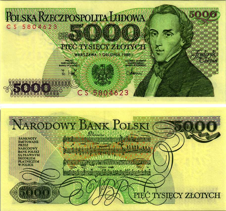 ПОЛЬША 5000 ЗЛОТЫХ 1988 1 ДЕКАБРЯ 1988, ФРЕДЕРИК ШОПЕН Pick 150c бумага UNC (ПРЕСС) 8607-87-1-1
