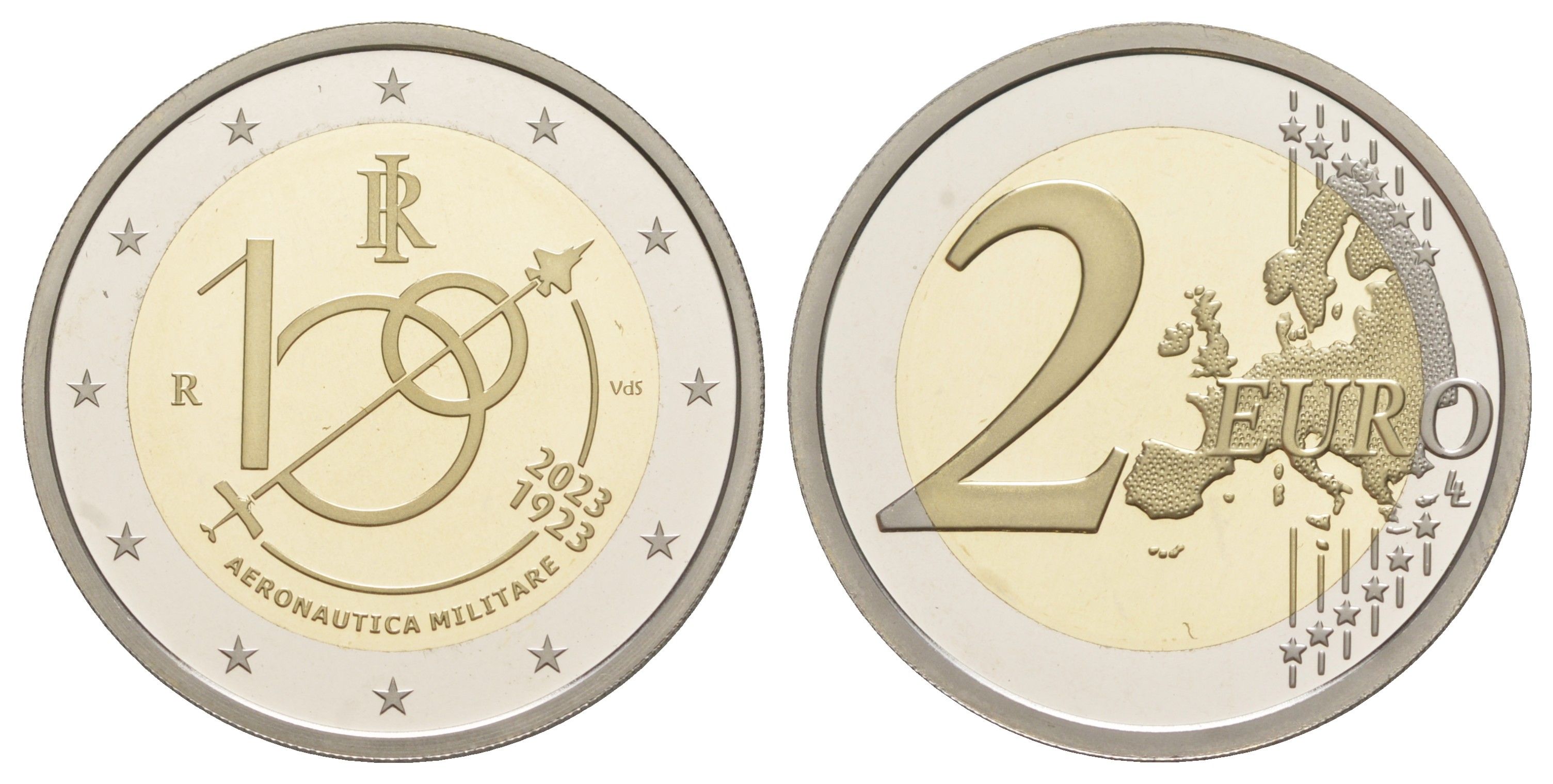 Италия 2 евро 2023 100 лет Военно-воздушным силам, в оригинальной упаковке, с сертификатом, тираж 17.000 экземпляров KM 495 биметалл PROOF 8-2-01-51