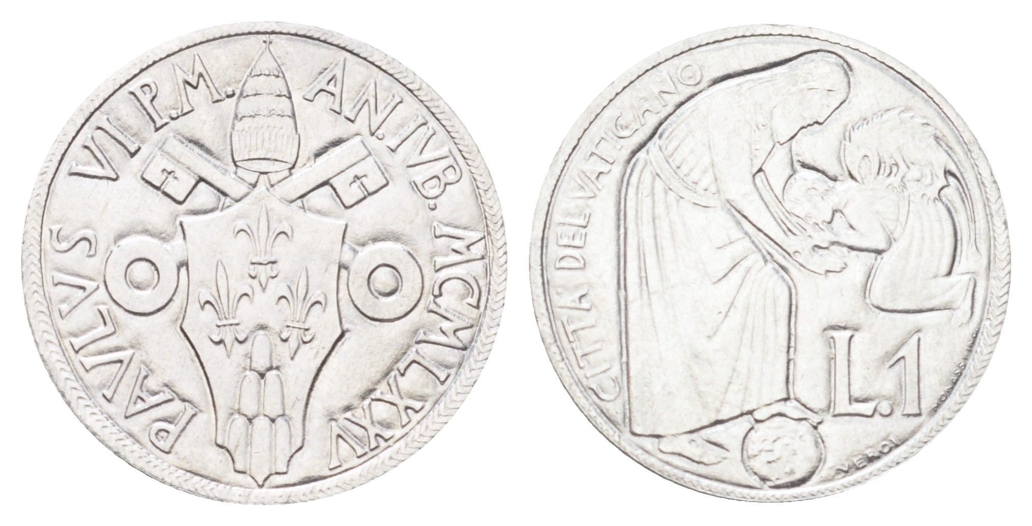 Ватикан 1 лира 1975 MCMLXXV, Священный год, Павел Vi, год-тип KM 124 алюминий UNC 4701-525